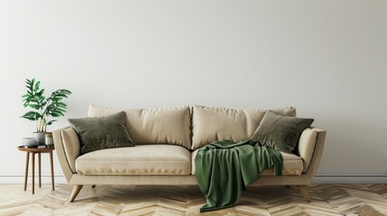 Poster - Beige sofa with green blanket and cushions standing against white empty wall in minimalistic living room