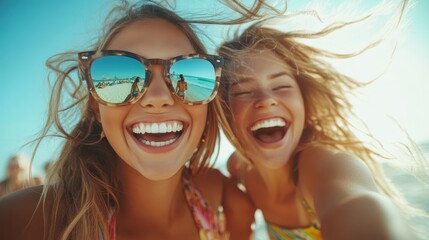 Two joyful friends are captured at the beach, smiling brightly in their swimsuits under the sun, creating fun and carefree memories during a summer day outing.