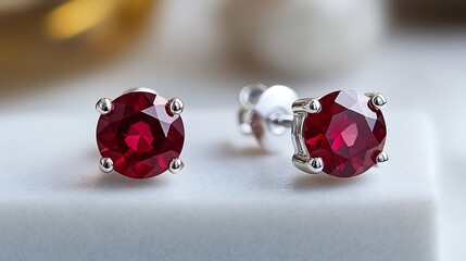 Poster - Small gemstone studs featuring single ruby isolated on a minimalist white background highlighting the vibrant color and luxurious appeal