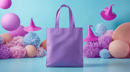 mockup of purple shopping bag with copy space, witch hats in background, Halloween