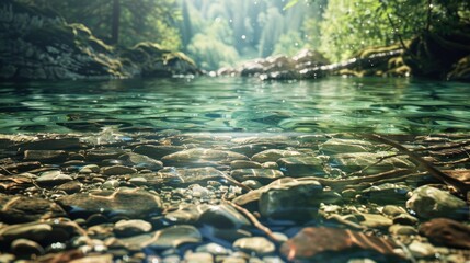 Poster - Crystal clear river with debris rocks and branches gracefully floating on the surface The transparent water unveils the mesmerizing riverbed showcasing a captivating scene of natures wonders