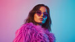 © FuryTwin - Elegant Fashion Editorial, a striking woman in a luxurious purple fur coat, dark hair flowing, set against a dynamic backdrop, designed for impactful storytelling and text inclusion.