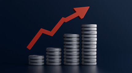 Stacked coins with an upward arrow symbolizing financial growth