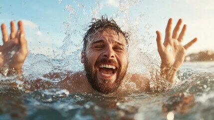 A man joyfully splashes in the ocean, laughing with pure delight, capturing a moment of carefree happiness and the invigorating feeling of water on a sunny day.