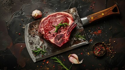 Poster - Top view of raw beef shank cross cut on cleaver with spice and herb
