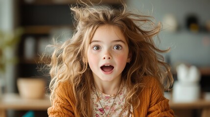 A curious child with wild, curly hair and a surprised expression brightens the scene, capturing a moment of spontaneous wonder and youthful exuberance indoors.