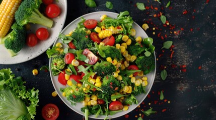 Poster - bowl of salad with broccoli corn and tomatoes on the table