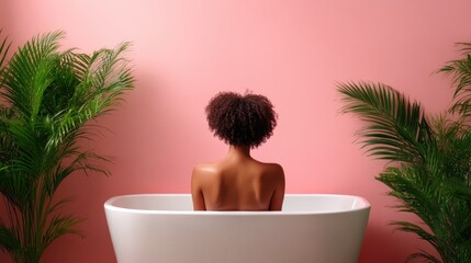 An artistic shot of a woman seen from behind, sitting in a white bathtub, with stunning green plants and a vibrant pink wall enhancing the serene ambiance.