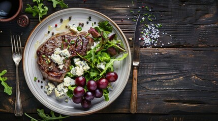 Poster - fried beef steak served with salad of red grape crumbled blue mold cheese and chives on plate on dark wooden table with cutlery horizontal view from above flat lay