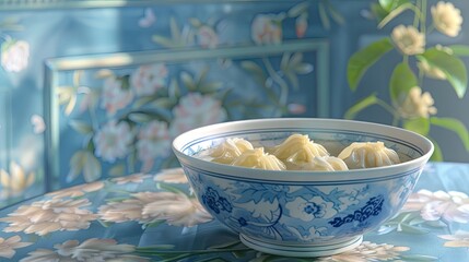 Poster - Steamed ginger and pork dumplings in a bowl with a crispy golden brown crust served on a blue patterned tablecloth