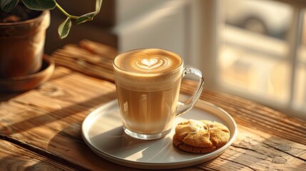 Aufkleber - Cup of coffee latte in a glass with love heart latte art and a cookie on the side Vertical image