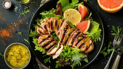 Poster - Fresh chicken salad grapefruit lettuce and honey mustard dressing Dietary menu Proper nutrition Top view