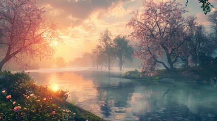 Poster - Beautiful spring sunrise over river banks Morning fog