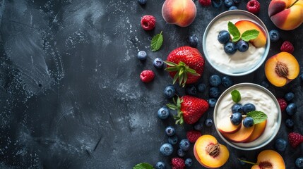 Poster - Curd or yogurt dessert with peaches blueberry chia Homemade dessert with fruits place for text top view