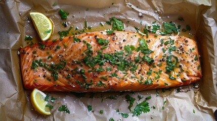 Poster - Baked salmon with aromatic herbs and lemon on baking paper top view