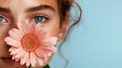 A close-up portrait of a woman partially concealed by a vibrant pink flower, set against a clear blue background, capturing beauty and self-expression through nature.