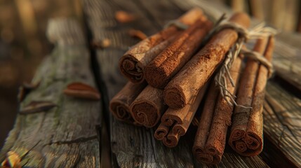 Aufkleber - Bunch of cinnamon on rough wood texture