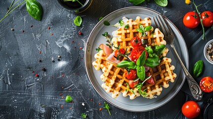 Aufkleber - Cheese or potato savory waffles served with with tomatoes cream cheese ham and bazil leaves with cutlery Delisious savory breakfast Top view flat lay Vertical orientation