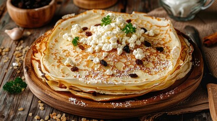 Poster - Sweet pancake with cottage cheese and raisins on rustic wooden table Pancakes with cheese Shrovetide