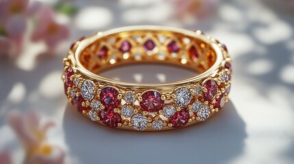 Poster - Stunning 3D gold ring brilliant gemstones positioned on a minimalistic background with soft lighting emphasizing the contrast between the opulent jewelry and the clean simple backdrop