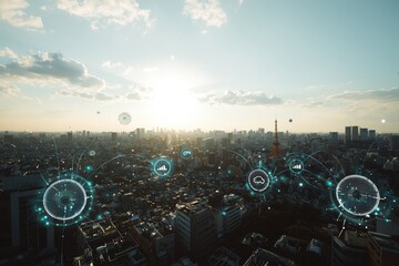 Fototapete - Networking of smart cities and wireless communication technology, Internet of Things, and Cyber-Physical Systems, as well as abstract image visuals