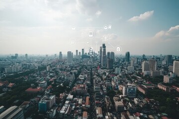 Fototapete - Network of wireless communication and smart cities, IoT (Internet of Things)