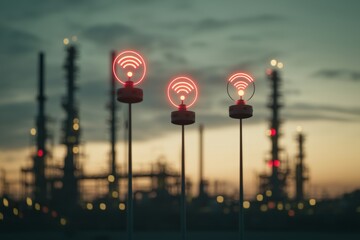 Fototapete - Two engineers on the site. Industry 4.0 concept image. Oil refinery at twilight with cyber and physical system icons.