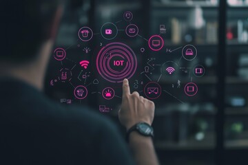Poster - Activating a virtual touch screen to press the IOT gear wifi button on an IOT gear business smart city concept.