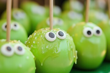 Halloween green caramel apples with eyeballs