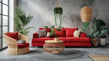 Real photo of a comfy living room interior with a round table on gray rug wicker armchair and red corner sofa