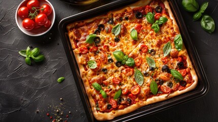 Aufkleber - Homemade pizza in a square black oven tray flat lay shot