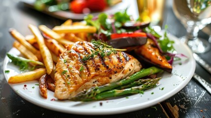Poster - Homemade grilled chicken with french fries asparagus grilled chopped eggplant and green salad served on a white plate