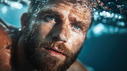 A serene diver with a contemplative expression explores underwater, emphasizing the tranquility and peacefulness of the ocean environment enhanced by shimmering water effects.