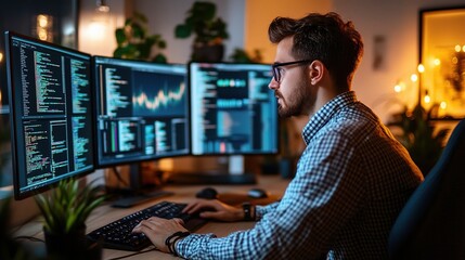 Poster - Professional Working Environment with Multiple Monitors