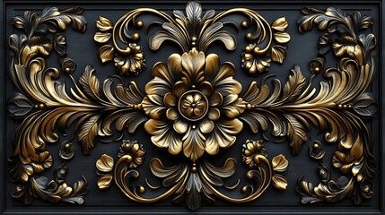 Poster - Swirling golden Baroque ornament intricate filigree elegant floral patterns and detailed leaf scrollwork set in a rich 3D design against a black background for a vintage opulent look