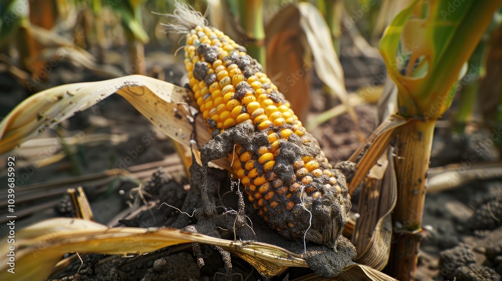 Rot Insect Close up view of diseased and moldy corn cob on the field Rotten corn ...