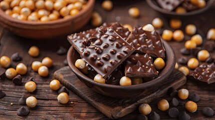 Puffed corn crackers chocolate covered on the wooden table