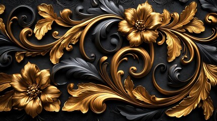 Poster - Swirling golden Baroque ornament intricate filigree elegant floral patterns and detailed leaf scrollwork set in a rich 3D design against a black background for a vintage opulent look