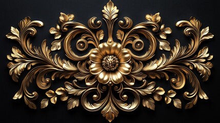 Poster - Swirling golden Baroque ornament intricate filigree elegant floral patterns and detailed leaf scrollwork set in a rich 3D design against a black background for a vintage opulent look