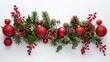 © Gular - Christmas arrangement with red bauble decorations holly mistletoe ivy acorns and cedar cypress on white background Xmas and New Year decorative display Flat lay top view copy space
