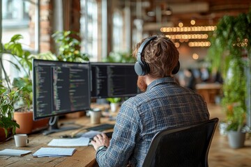 Poster - Back view of his nice, attractive geek playing a web network game at a modern industrial interior loft work station with concrete walls