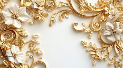 Poster - swirling golden floral leaf filigree in an opulent baroque style set in a 3d design against a clean 