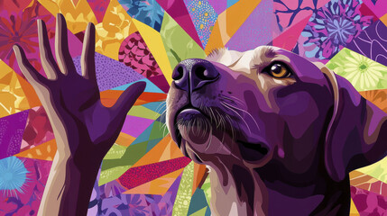 colorful abstract illustration of dog with raised paw, surrounded by vibrant geometric shapes and floral patterns, evokes sense of joy and playfulness