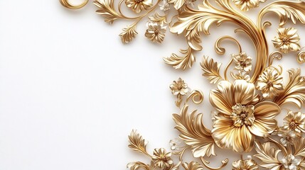 Poster - Swirling golden floral leaf filigree in an opulent Baroque style set in a 3D design against a clean white background evoking Renaissance elegance and vintageinspired decorative luxury