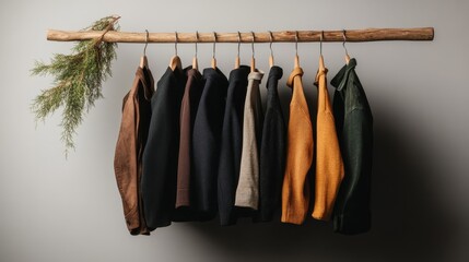 A variety of jackets in muted tones hang neatly on a rustic wooden rack, highlighting autumn styles and the cozy feel of fall fashion in a vintage setting.