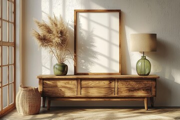 Aufkleber - View of modern rustic style interior with artwork mock-up on white wall with a blank picture frame on white wall.