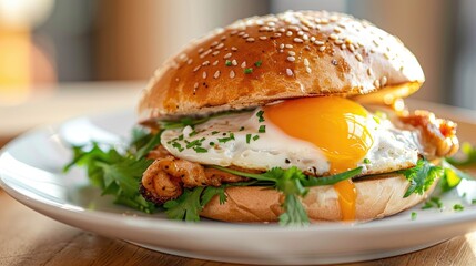 Poster - Selective focus point on Sandwich egg with chicken in white plate