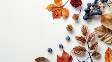 Poster - Autumn composition Dried leaves flowers berries on white background Autumn fall thanksgiving day concept Flat lay top view copy space
