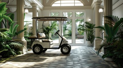 golf cart in the hotel for serving guests at the entrance