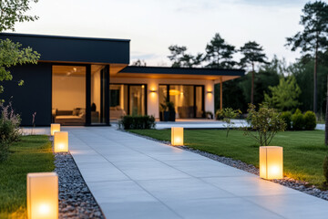 Modern house with interior lighting with illuminated stone pathways and outdoor lighting